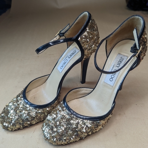 Jimmy Choo London women's 3.5" Heels Size 36 . Golden sequins and black patent l - Picture 3 of 11